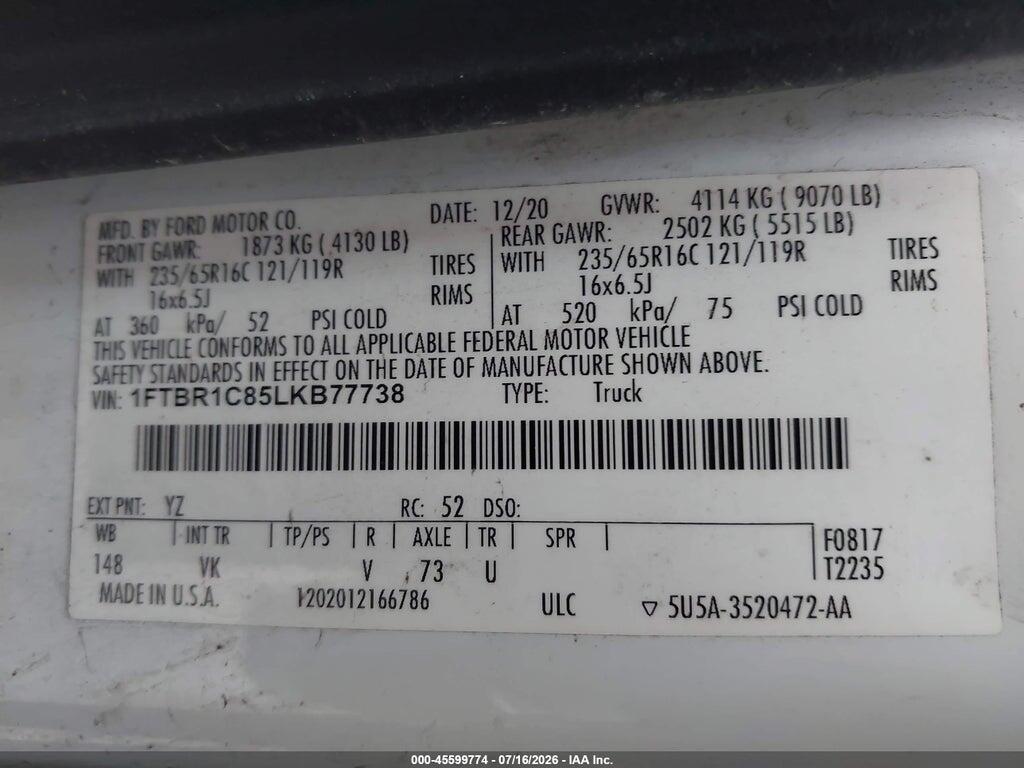 1FTBR1C85LKB77738 2020 FORD TRANSIT-250 photo no. 9