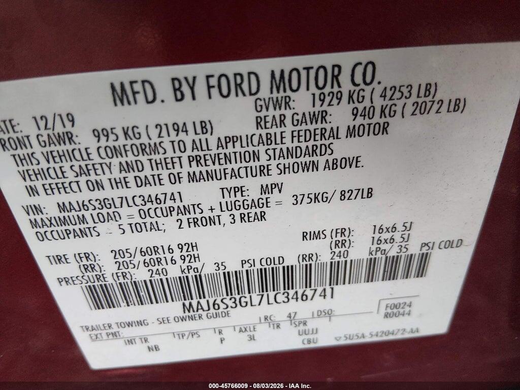 MAJ6S3GL7LC346741 2020 FORD ECOSPORT photo no. 9