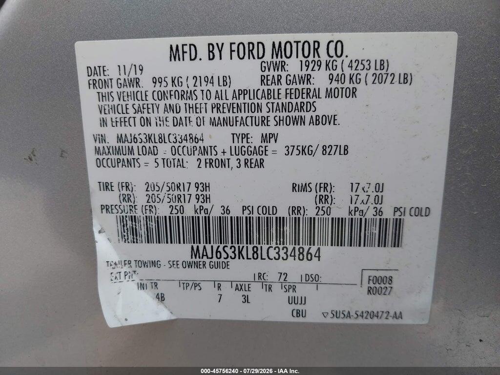 MAJ6S3KL8LC334864 2020 FORD ECOSPORT photo no. 9