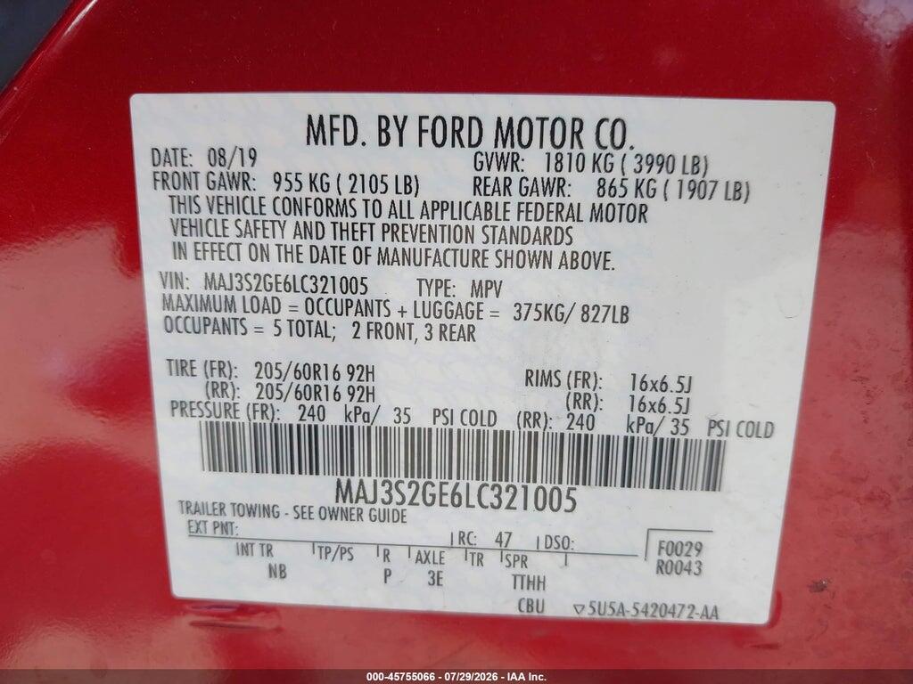 MAJ3S2GE6LC321005 2020 FORD ECOSPORT photo no. 9