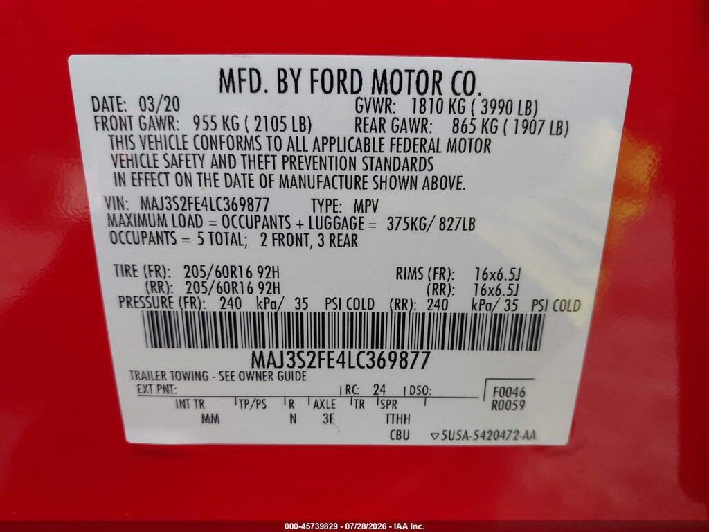 MAJ3S2FE4LC369877 2020 FORD ECOSPORT photo no. 9