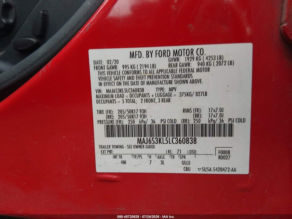MAJ6S3KL5LC360838 2020 FORD ECOSPORT photo no. 9