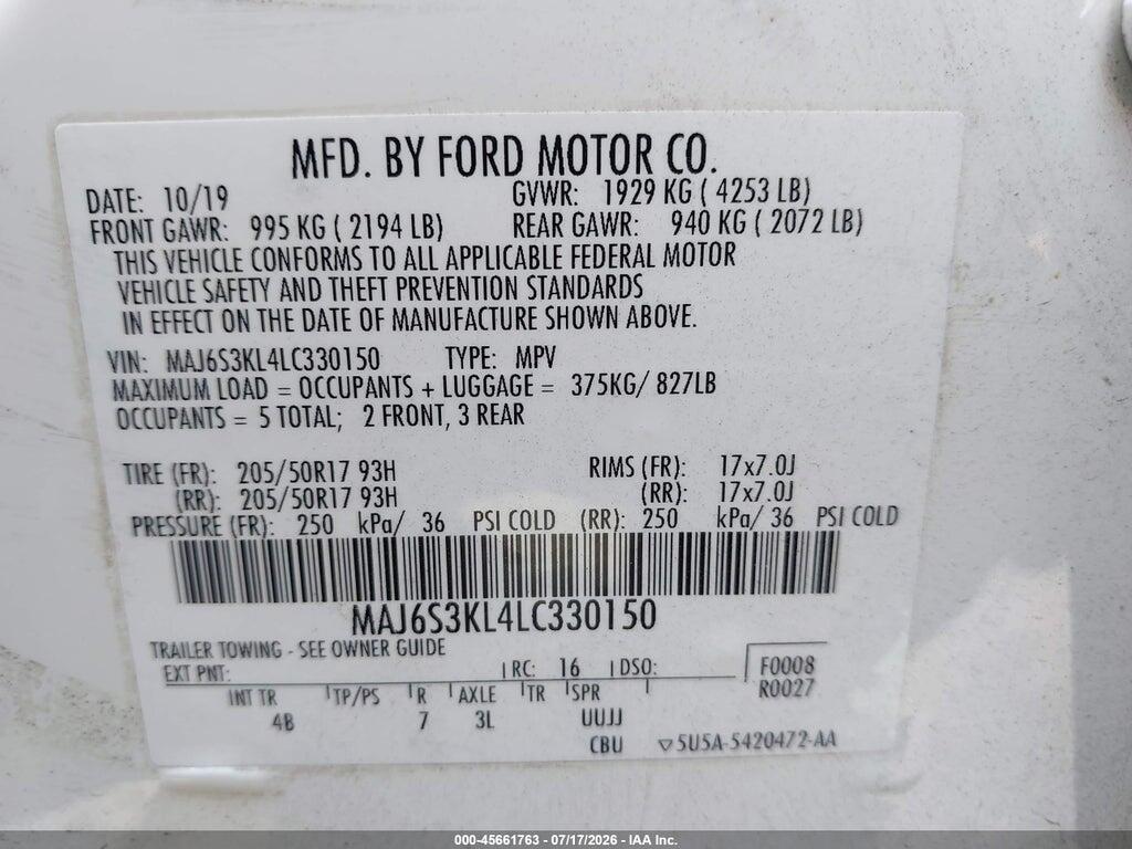 MAJ6S3KL4LC330150 2020 FORD ECOSPORT photo no. 9