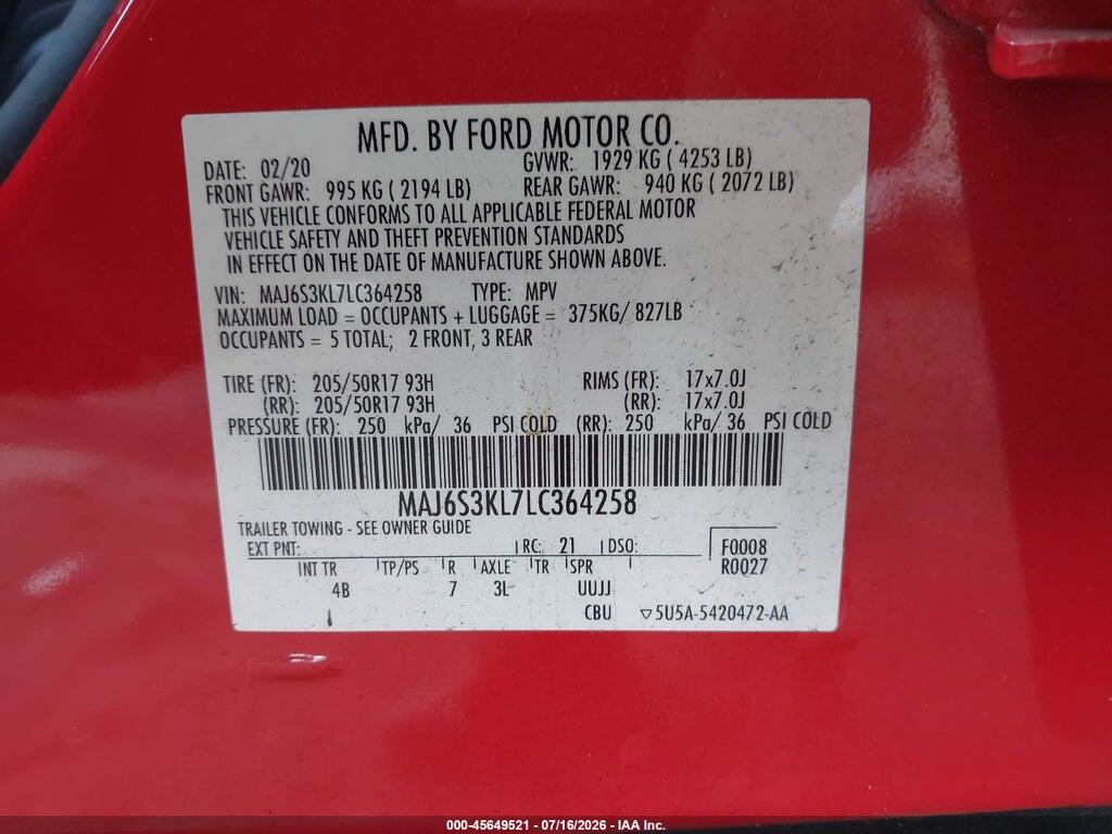 MAJ6S3KL7LC364258 2020 FORD ECOSPORT photo no. 9