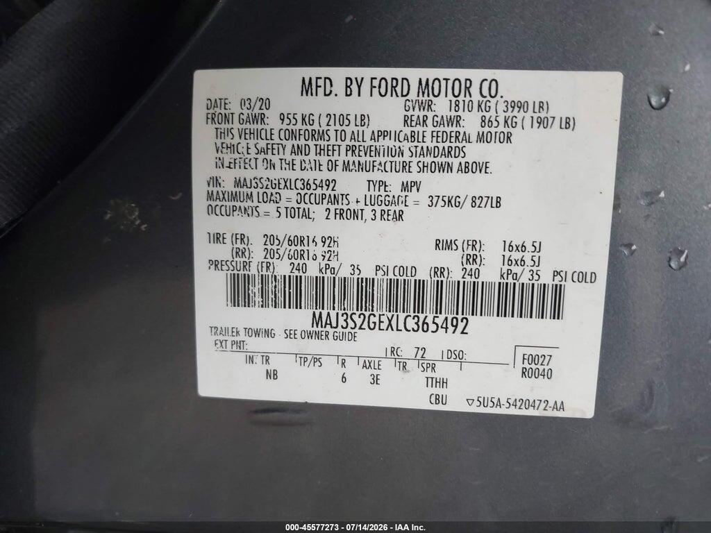 MAJ3S2GEXLC365492 2020 FORD ECOSPORT photo no. 9