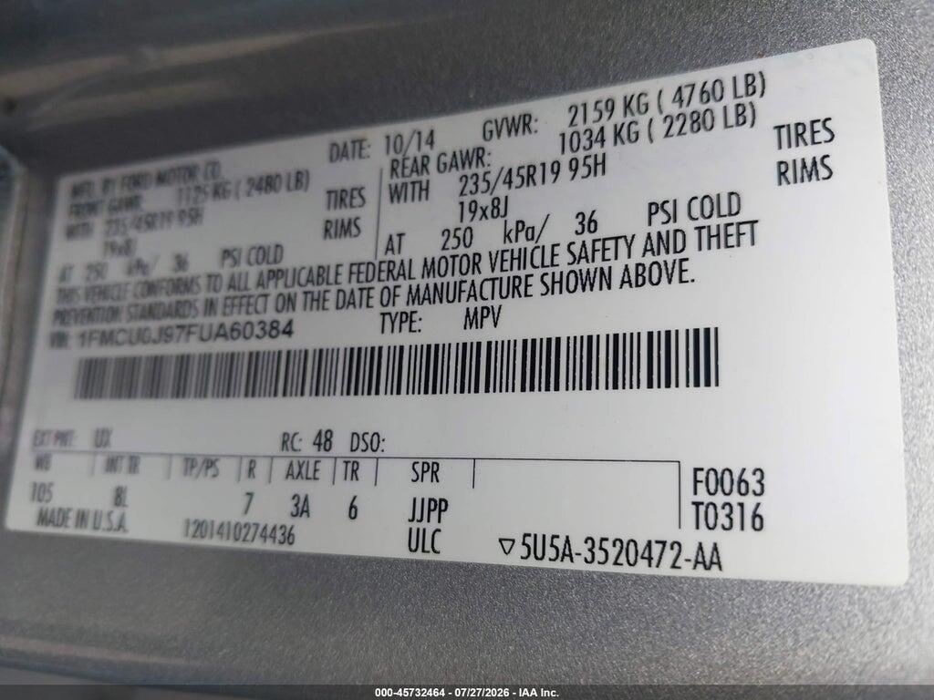 1FMCU0J97FUA60384 2015 FORD ESCAPE photo no. 9