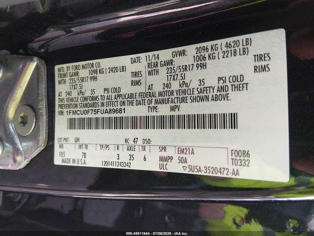 1FMCU0F75FUA89681 2015 FORD ESCAPE photo no. 9
