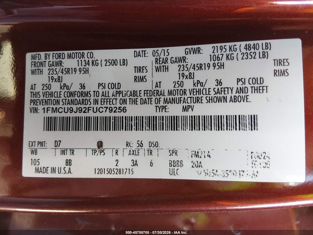 1FMCU9J92FUC79256 2015 FORD ESCAPE photo no. 9