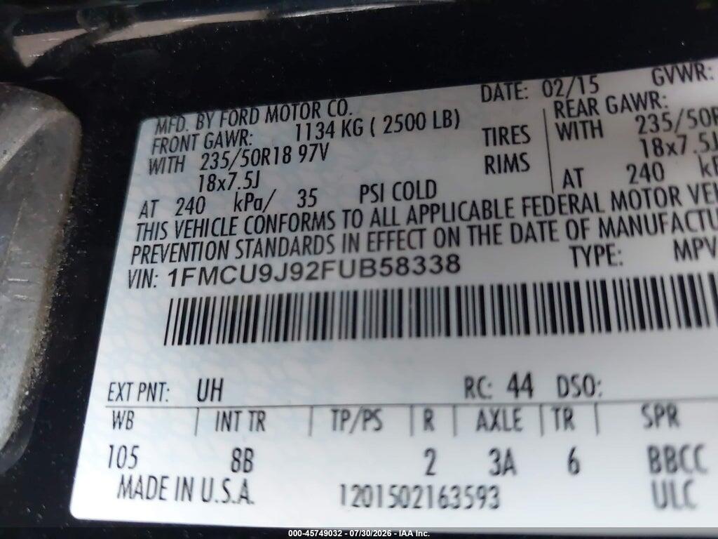 1FMCU9J92FUB58338 2015 FORD ESCAPE photo no. 9