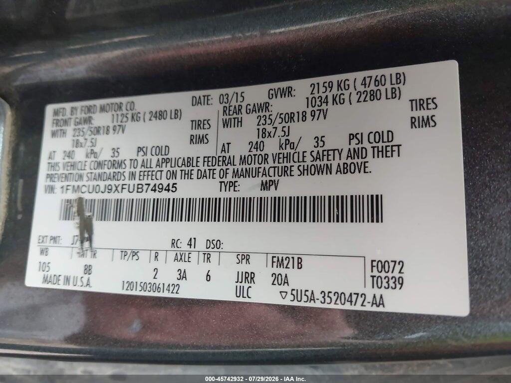1FMCU0J9XFUB74945 2015 FORD ESCAPE photo no. 9
