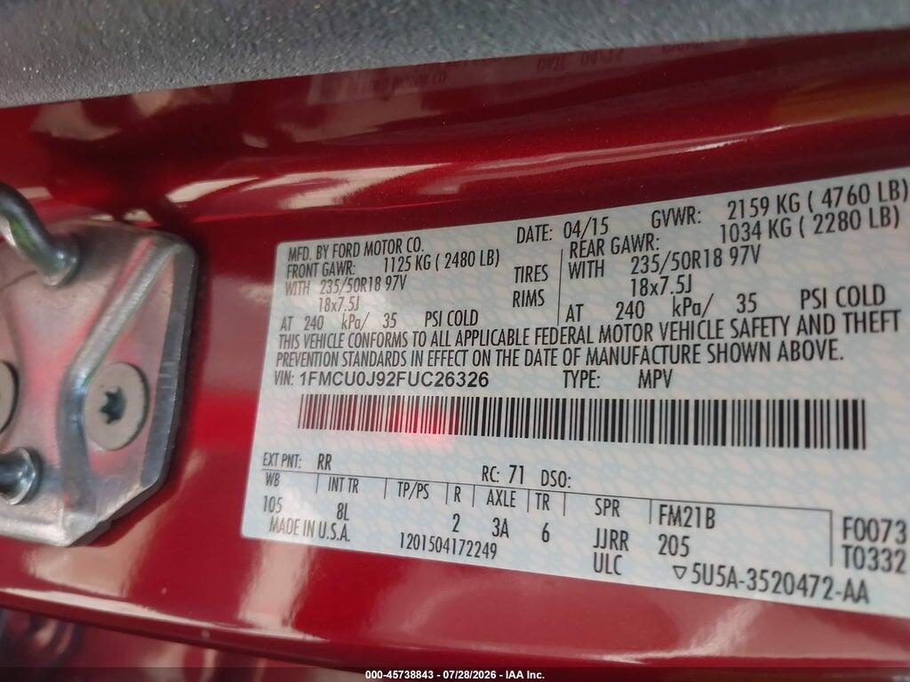 1FMCU0J92FUC26326 2015 FORD ESCAPE photo no. 9