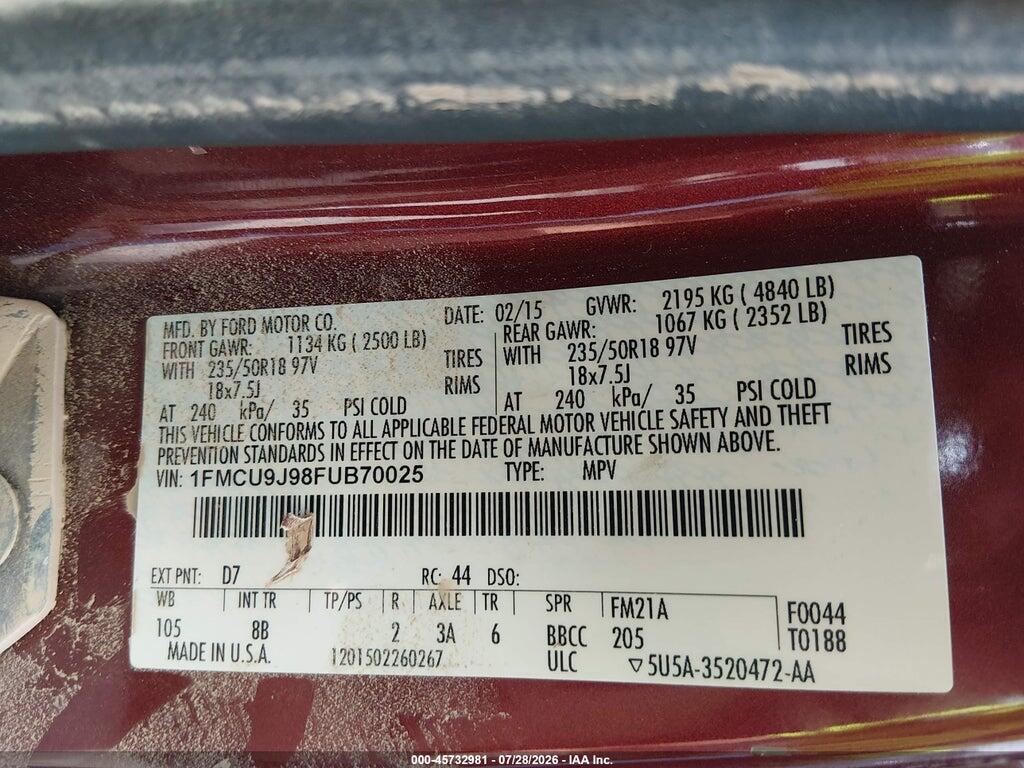1FMCU9J98FUB70025 2015 FORD ESCAPE photo no. 9