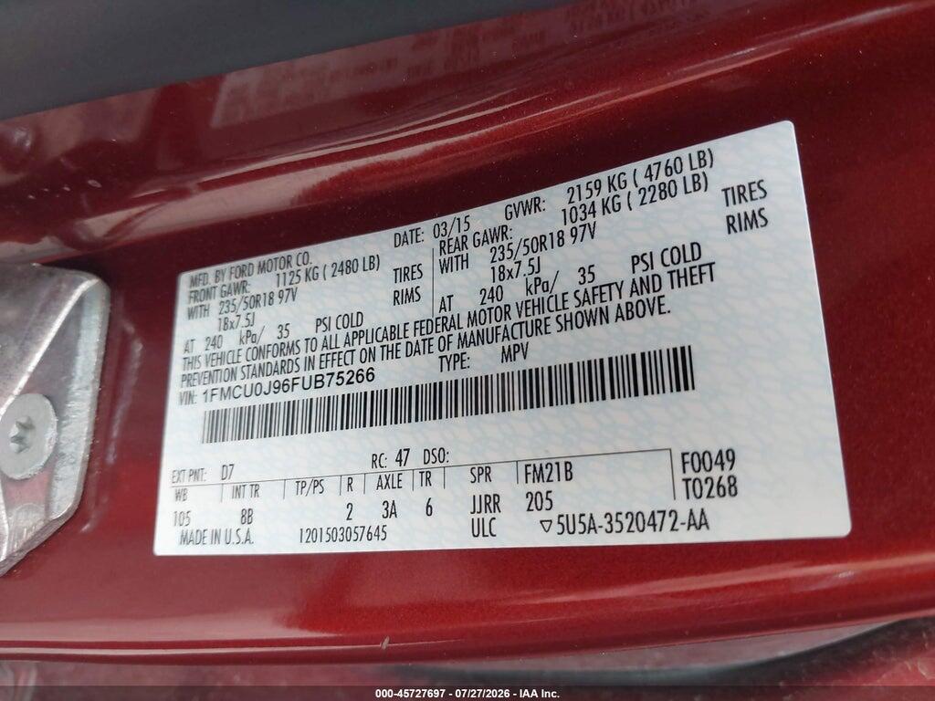 1FMCU0J96FUB75266 2015 FORD ESCAPE photo no. 9