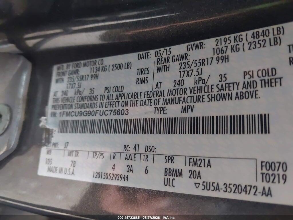 1FMCU9G90FUC75603 2015 FORD ESCAPE photo no. 9