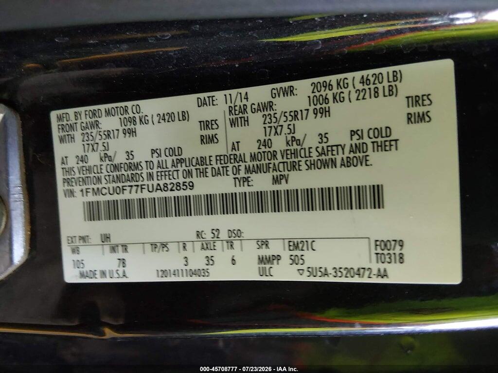 1FMCU0F77FUA82859 2015 FORD ESCAPE photo no. 9