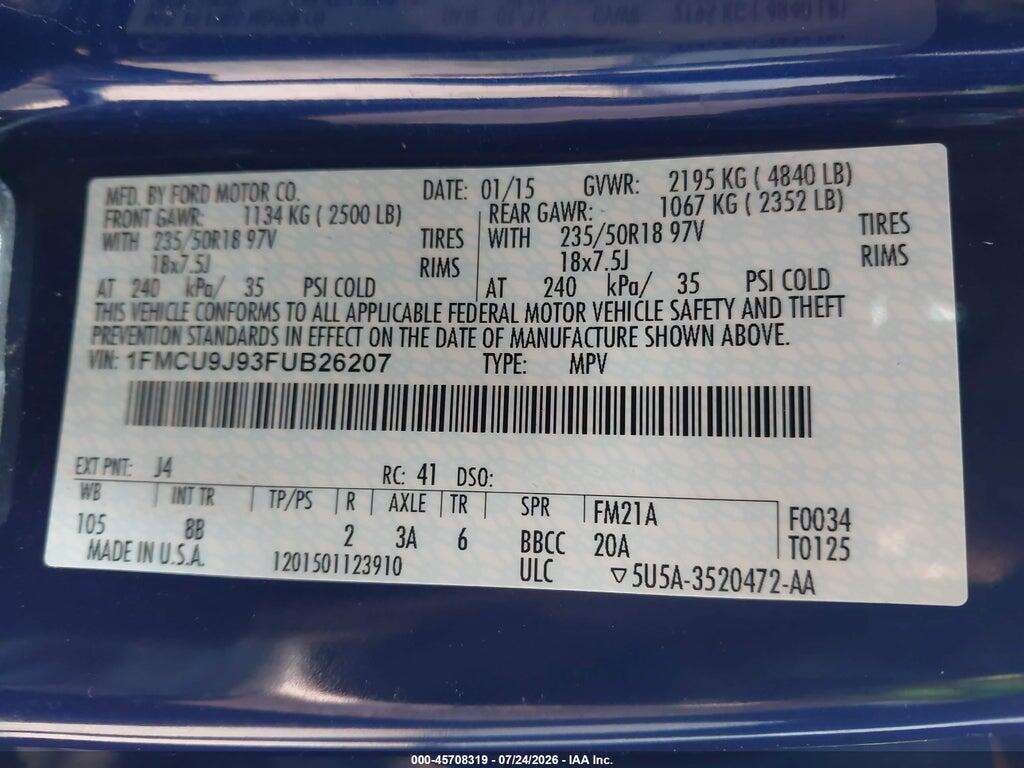 1FMCU9J93FUB26207 2015 FORD ESCAPE photo no. 9