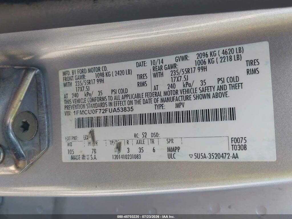 1FMCU0F72FUA53835 2015 FORD ESCAPE photo no. 9