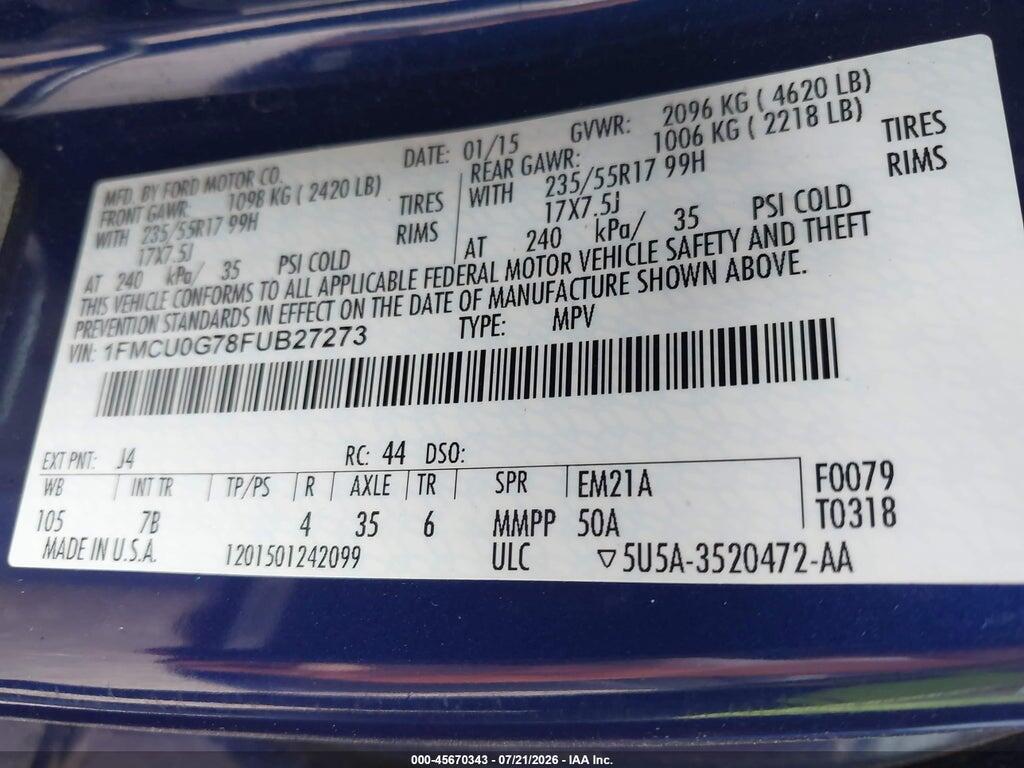 1FMCU0G78FUB27273 2015 FORD ESCAPE photo no. 9