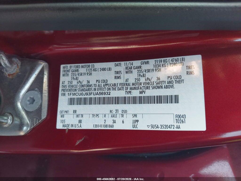 1FMCU0J93FUA56932 2015 FORD ESCAPE photo no. 9