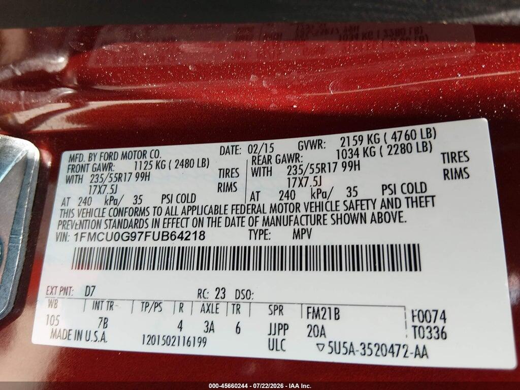 1FMCU0G97FUB64218 2015 FORD ESCAPE photo no. 9