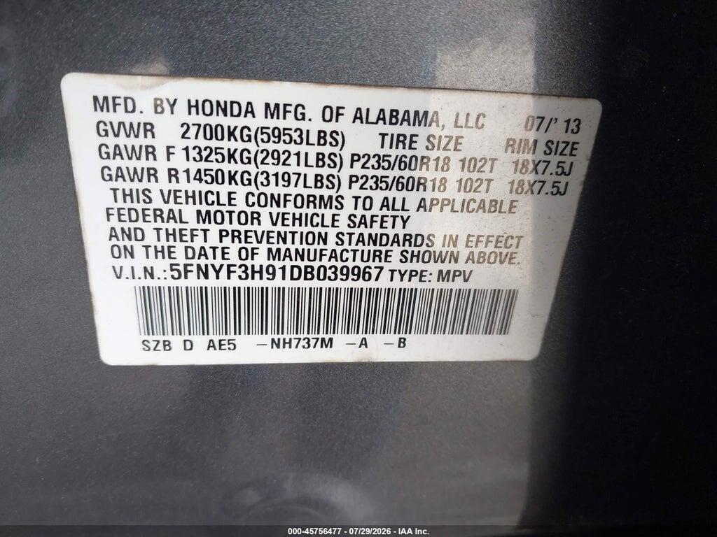 5FNYF3H91DB039967 2013 HONDA PILOT photo no. 9