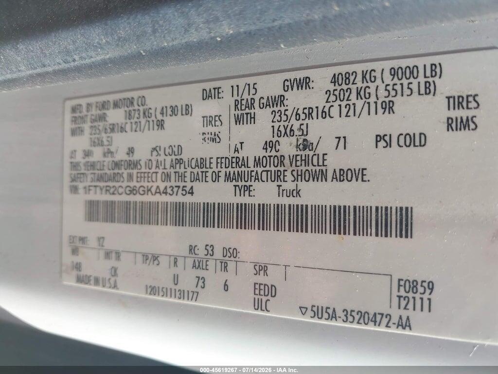 1FTYR2CG6GKA43754 2016 FORD TRANSIT-250 photo no. 9
