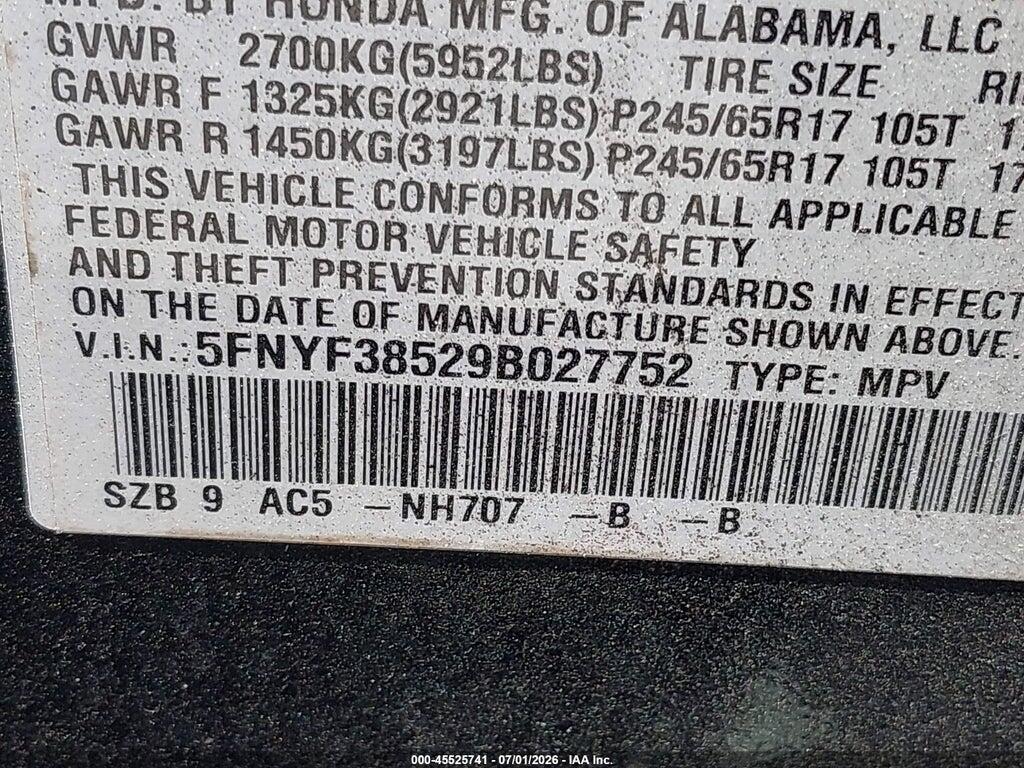 5FNYF38529B027752 2009 HONDA PILOT photo no. 9