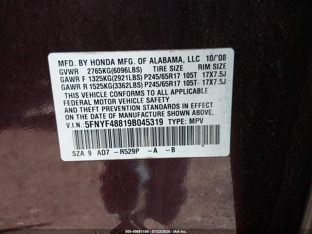 5FNYF48819B045319 2009 HONDA PILOT photo no. 9