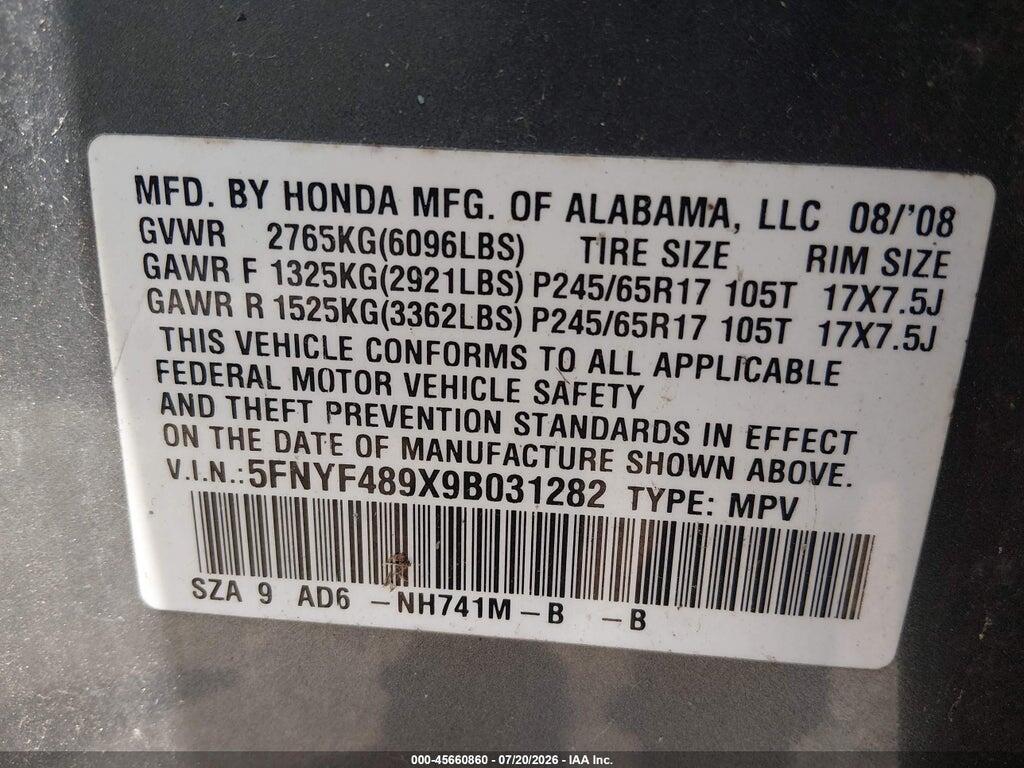 5FNYF489X9B031282 2009 HONDA PILOT photo no. 9