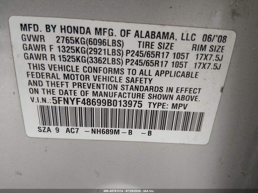 5FNYF48699B013975 2009 HONDA PILOT photo no. 9