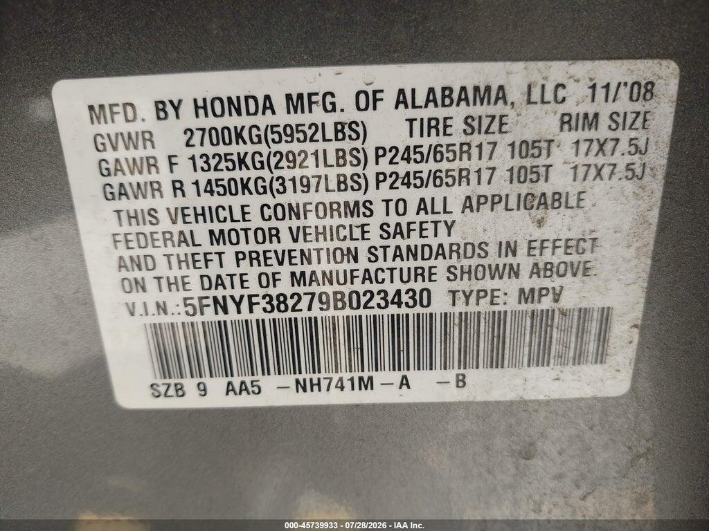 5FNYF38279B023430 2009 HONDA PILOT photo no. 9