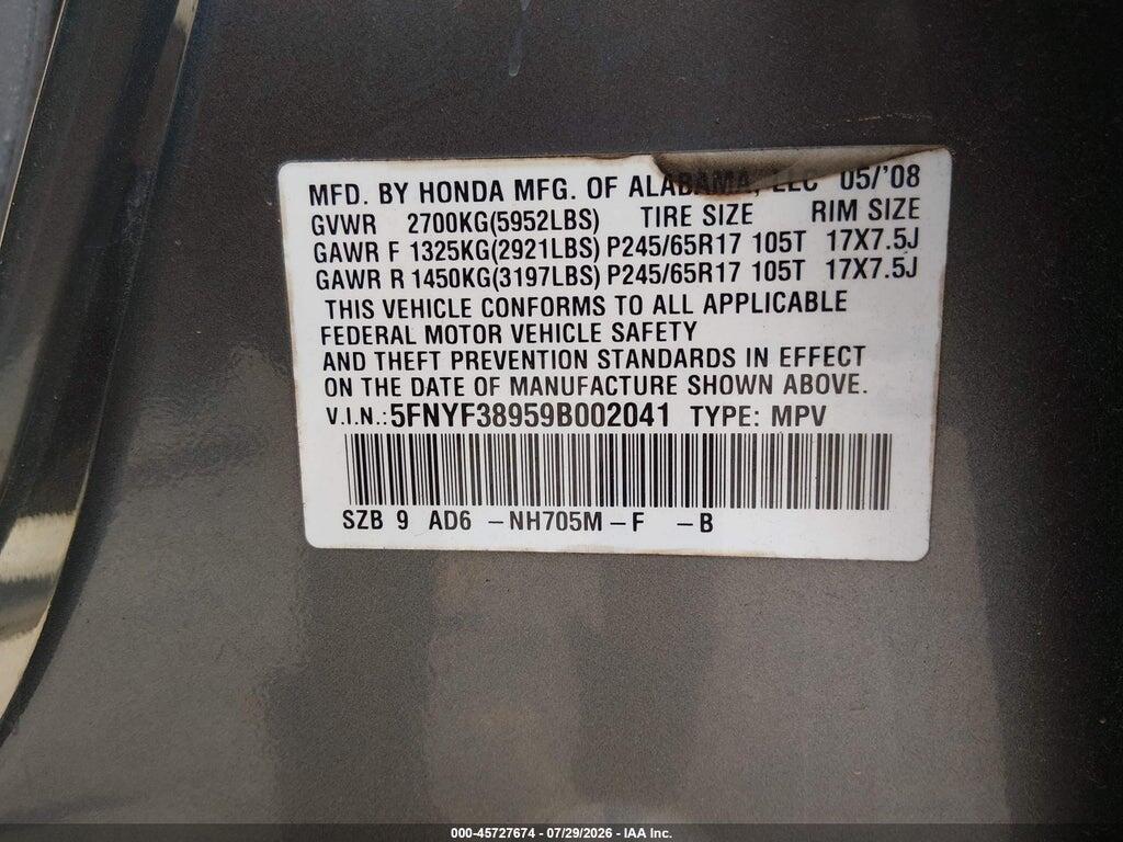 5FNYF38959B002041 2009 HONDA PILOT photo no. 9