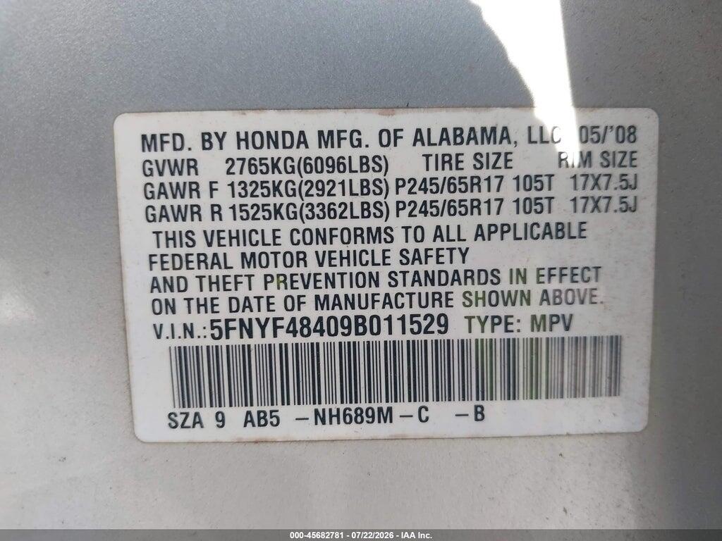 5FNYF48409B011529 2009 HONDA PILOT photo no. 9