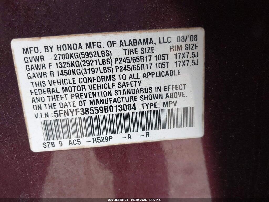 5FNYF38559B013084 2009 HONDA PILOT photo no. 9