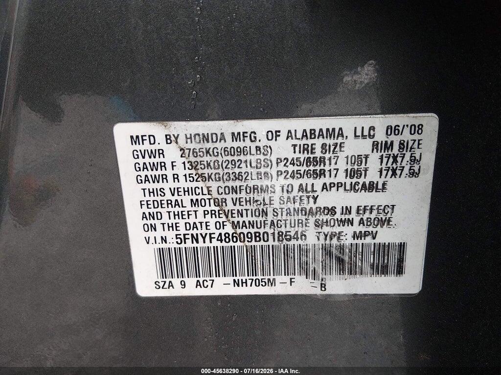 5FNYF48609B018546 2009 HONDA PILOT photo no. 9