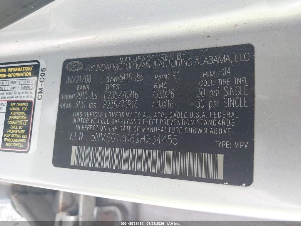 5NMSG13D69H234455 2009 HYUNDAI SANTA FE photo no. 9