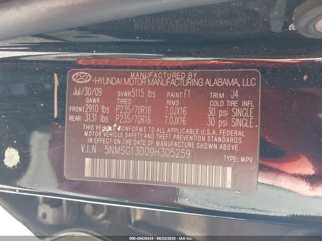 5NMSG13D09H305259 2009 HYUNDAI SANTA FE photo no. 9