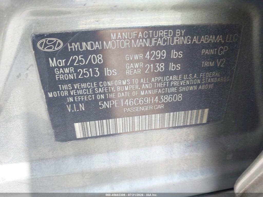 5NPET46C69H438608 2009 HYUNDAI SONATA photo no. 9