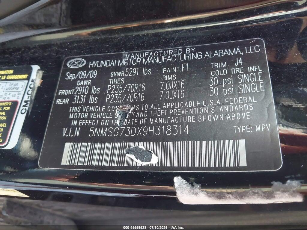 5NMSG73DX9H318314 2009 HYUNDAI SANTA FE photo no. 9