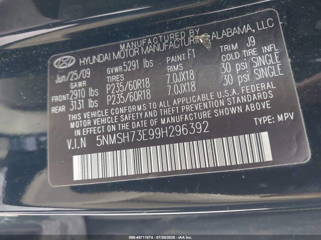 5NMSH73E99H296392 2009 HYUNDAI SANTA FE photo no. 9