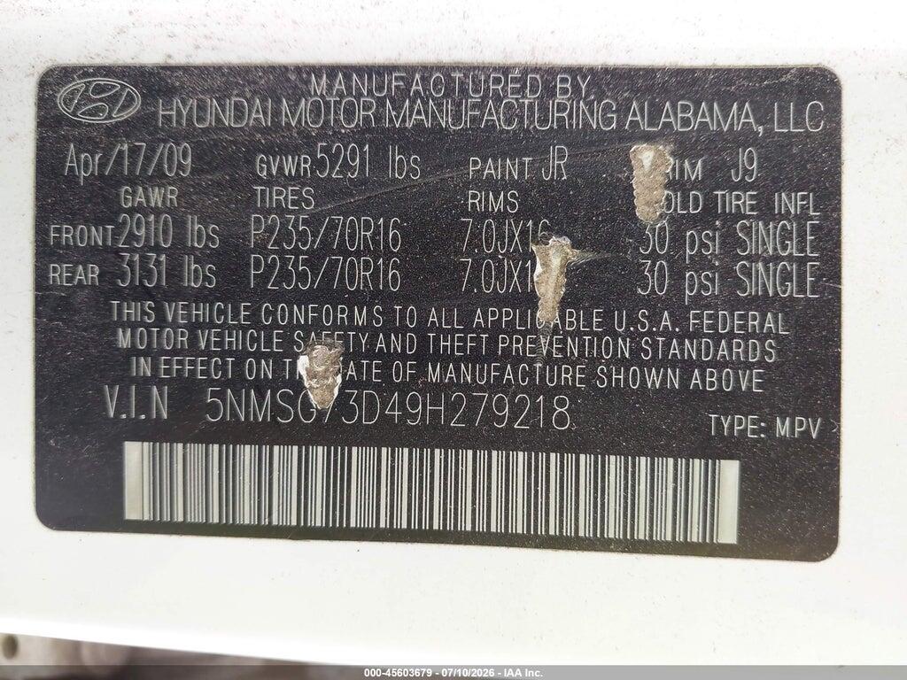 5NMSG73D49H279218 2009 HYUNDAI SANTA FE photo no. 9