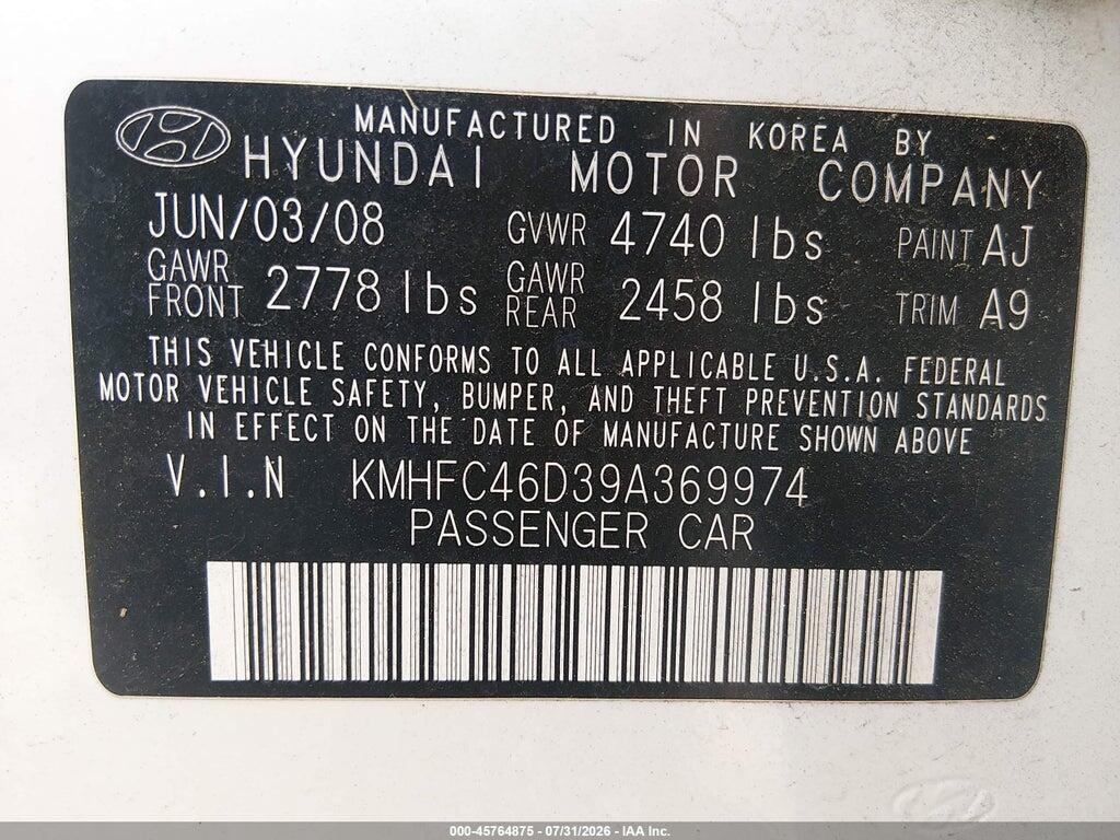 KMHFC46D39A369974 2009 HYUNDAI AZERA photo no. 9
