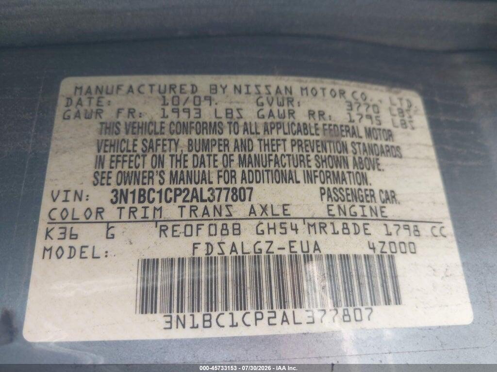 3N1BC1CP2AL377807 2010 NISSAN VERSA photo no. 9