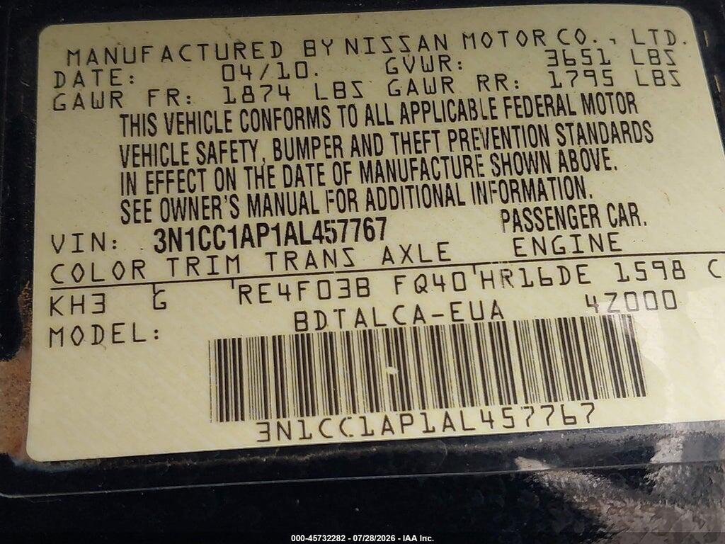 3N1CC1AP1AL457767 2010 NISSAN VERSA photo no. 9
