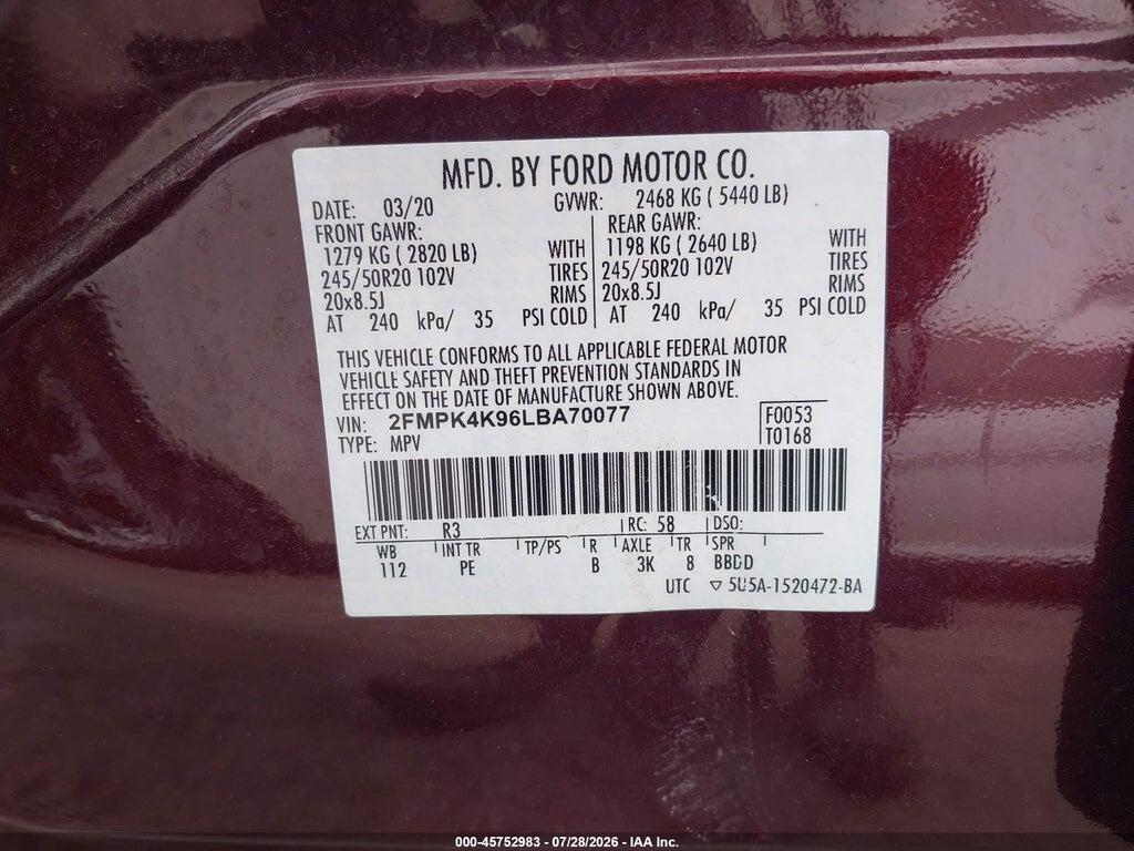 2FMPK4K96LBA70077 2020 FORD EDGE photo no. 9