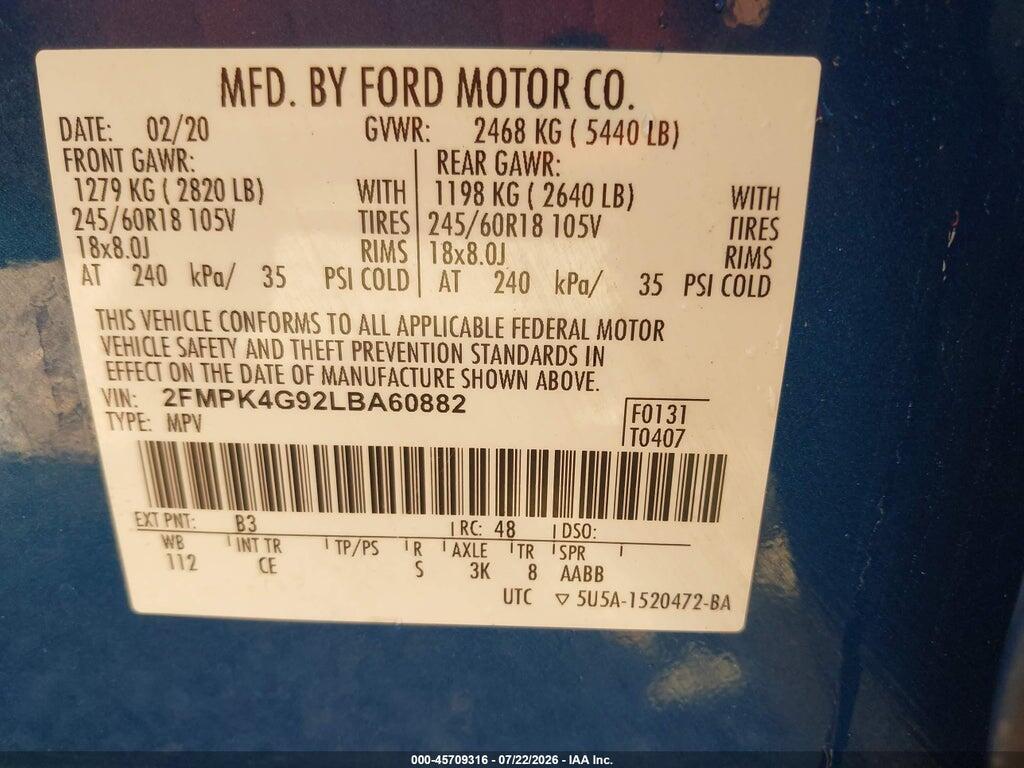 2FMPK4G92LBA60882 2020 FORD EDGE photo no. 9