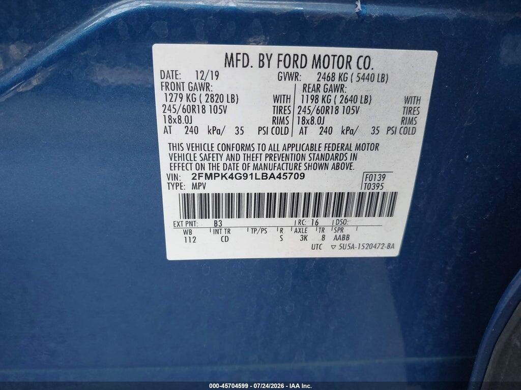 2FMPK4G91LBA45709 2020 FORD EDGE photo no. 9