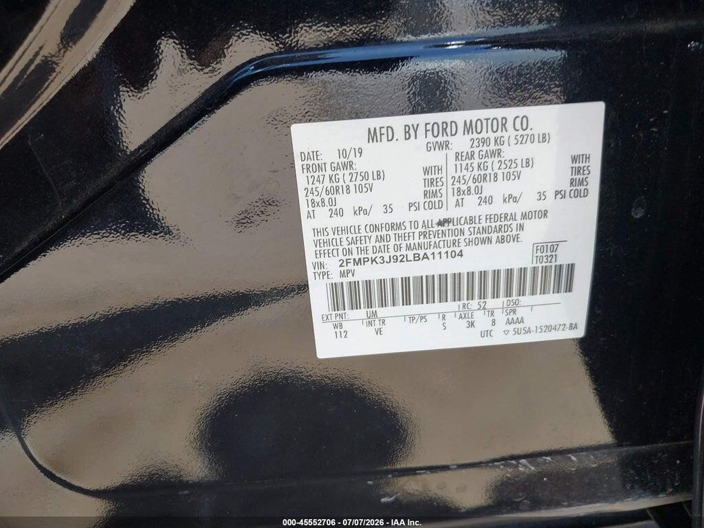 2FMPK3J92LBA11104 2020 FORD EDGE photo no. 9