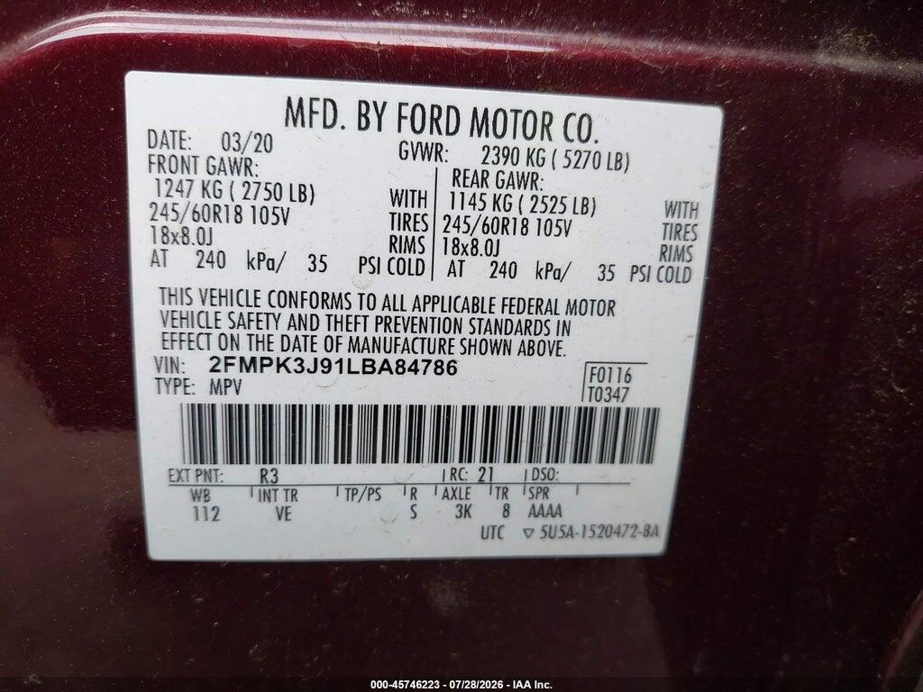 2FMPK3J91LBA84786 2020 FORD EDGE photo no. 9