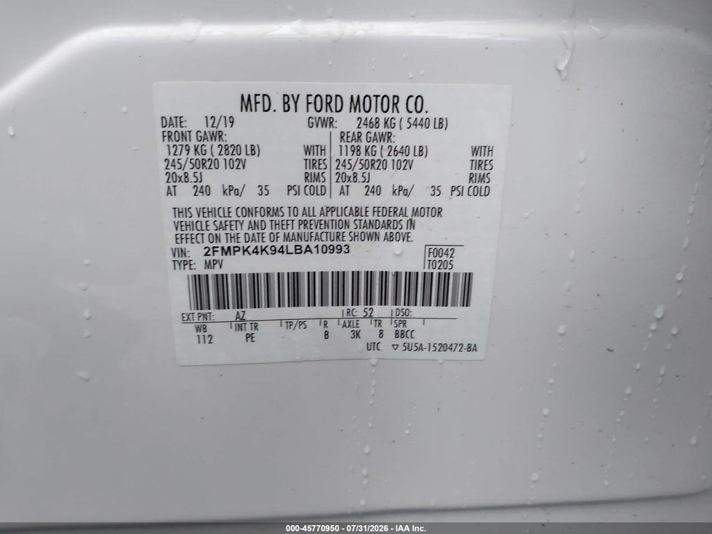 2FMPK4K94LBA10993 2020 FORD EDGE photo no. 9